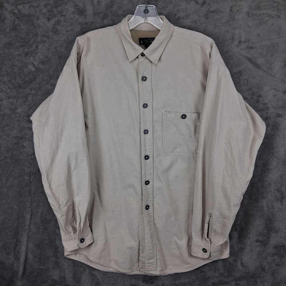 Patagonia Mens Organic Cotton Herringbone Button Up Shirt Tan Beige Medium